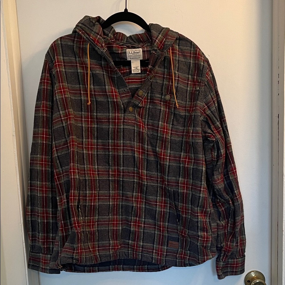 L.L. Bean Plaid Hooded Pullover - Red, Green & Yellow Drawstrings